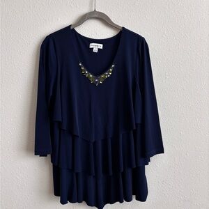 Susan Graver Blue Tiered 3/4 Sleeve Embellished Blouse